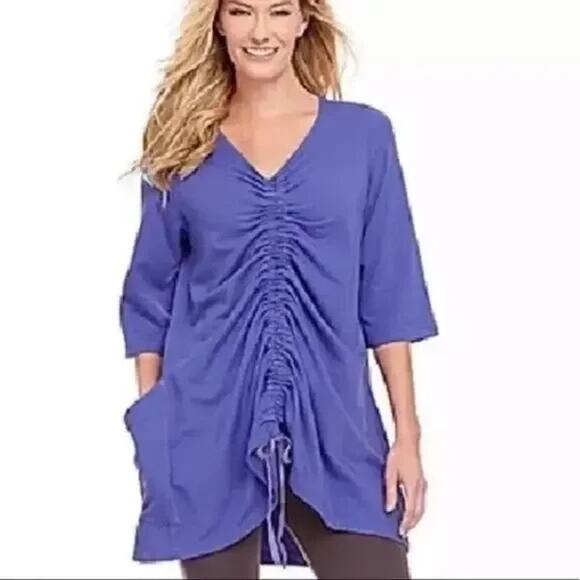 Bryn Walker Josie Tunic Navy Blue Cinched Front V-neck Bamboo Knit Tunic Top - Picture 16 of 16